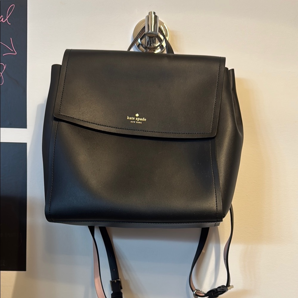 Kate Spade Black Backpack with Flap Closure and Silver Hardware